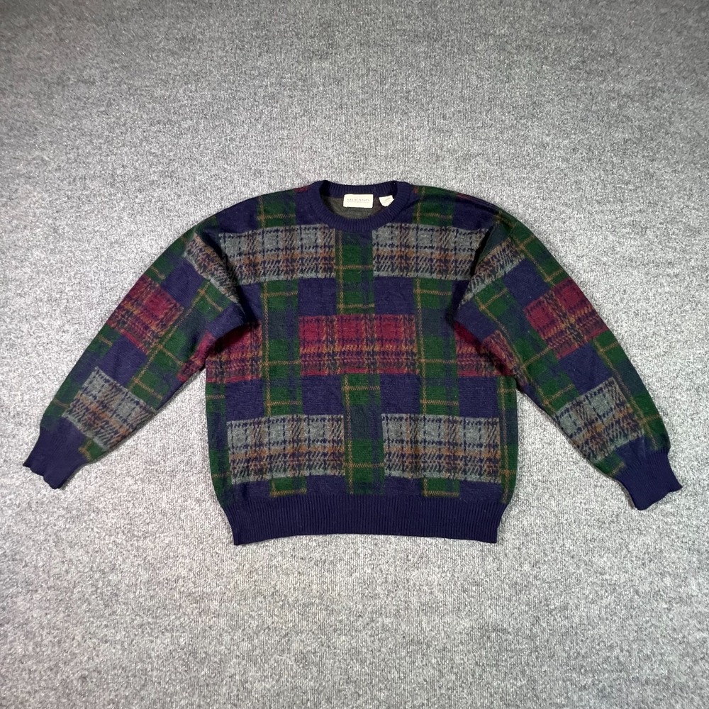 Vintage Murano Sweater Mens Large Multicolor Plaid Chunky Knit Academic Preppy
